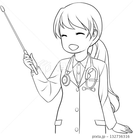 指し棒を持った笑顔の女性医師。ポインターで説明する若い女性のモノクロ線画 132736316