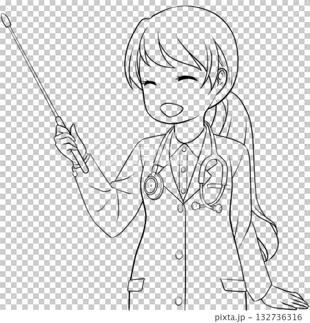 指し棒を持った笑顔の女性医師。ポインターで説明する若い女性のモノクロ線画 132736316