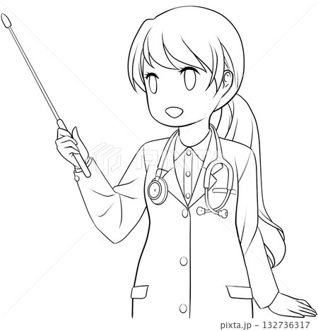 指し棒を持った笑顔の女性医師。ポインターで説明する若い女性のモノクロ線画 指し棒を持った笑顔の女性医師。ポインターで説明する若い女性のモノクロ線画 132736317