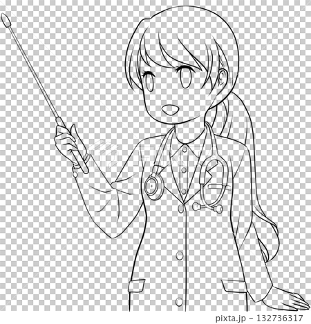 指し棒を持った笑顔の女性医師。ポインターで説明する若い女性のモノクロ線画 指し棒を持った笑顔の女性医師。ポインターで説明する若い女性のモノクロ線画 132736317