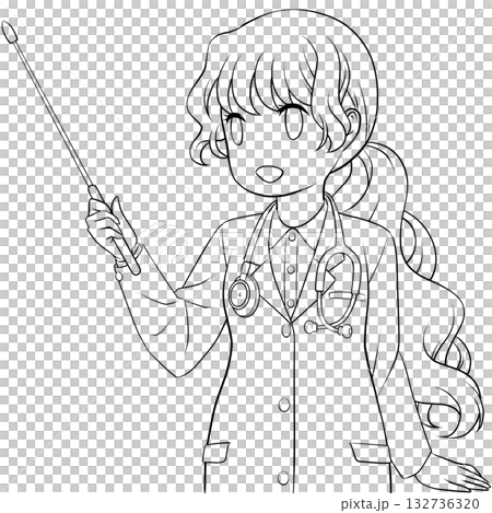 一位微笑的女醫生手持指示棒。一幅黑白線條畫，描繪了一位年輕女子用指示棒進行講解。 132736320