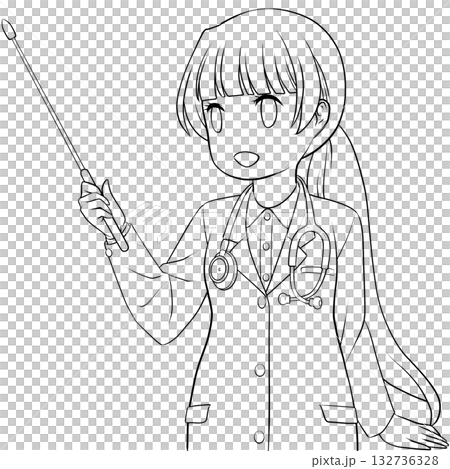 指し棒を持った笑顔の女性医師。ポインターで説明する若い女性のモノクロ線画 指し棒を持った笑顔の女性医師。ポインターで説明する若い女性のモノクロ線画 132736328