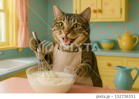 楽しくお菓子作り　猫　泡だて器で生クリームをたてる　ホイップ　スイーツ 132736351