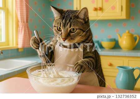 真剣にお菓子作りをする猫　　泡だて器で生クリームをたてる　ホイップ　スイーツ 132736352