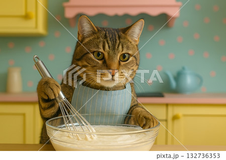 お菓子作りをする猫　　泡だて器で生クリームをたてる　ホイップ　スイーツ 132736353