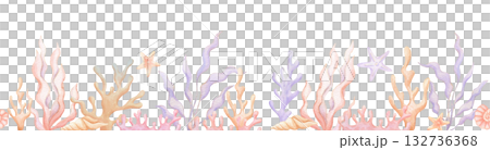 Seamless border with watercolor seaweed, ocean life, hand drawn illustration 132736368