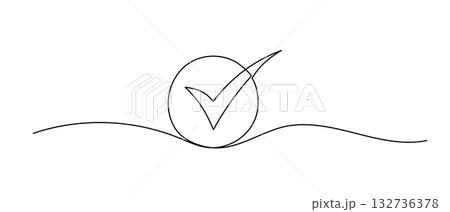 Checkmark in circle one line illustration. Hand drawn vector continuous icon isolated on white background. Checkmark in circle one line illustration. Hand drawn vector continuous icon isolated on white background. 132736378