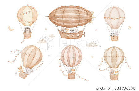 Hot air balloon and zeppelin with cute baby animals. Bear, bunny and hedgehog, watercolor isolated illustrations for poster or card, hand drawn art 132736379