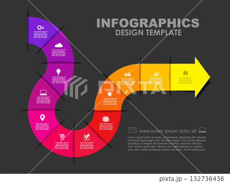 Infographic with curved arrow segments and icons, illustrating workflow, progress, and strategic steps. Vector illustration. Infographic with curved arrow segments and icons, illustrating workflow, progress, and strategic steps. Vector illustration. 132736436