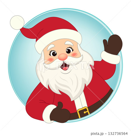 Cheerful Santa Claus waves his hand, looking out from a round frame. Cartoon Christmas character for festive stickers, festive avatars, gift tags, round badges, and seasonal clipart. PNG and vector 132736564