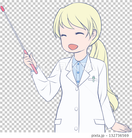 一位面帶微笑的女藥劑師手持指示棒。年輕女性用指示棒講解的剪貼畫。 132736569