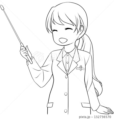 指し棒を持った笑顔の女性薬剤師。ポインターで説明する若い女性のモノクロ線画 132736570