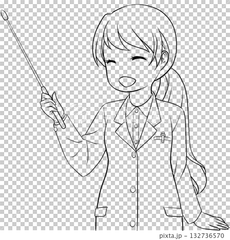 一位面帶微笑的女藥劑師手持指示棒。一幅黑白線條畫，描繪了一位年輕女子用指示棒進行講解的場景。 132736570