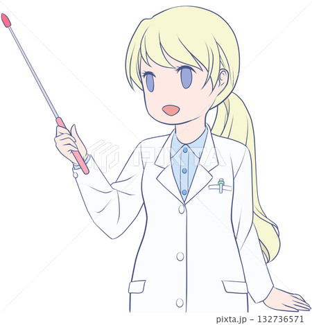 指し棒を持った笑顔の女性薬剤師。ポインターで説明する若い女性のクリップアート 132736571