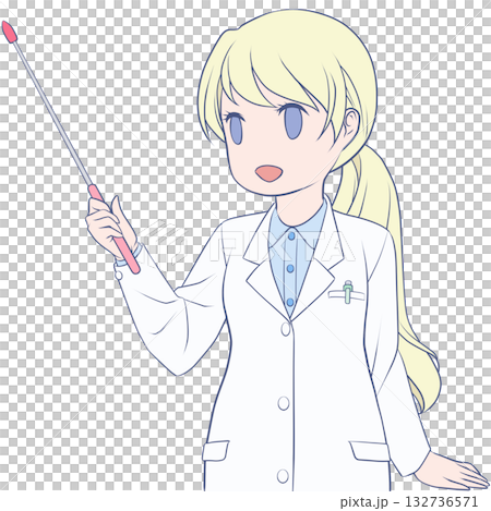 A smiling female pharmacist holding a pointer. Clip art of a young woman explaining with a pointer 132736571