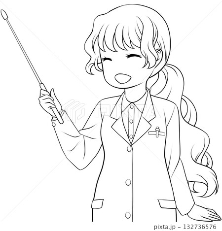 指し棒を持った笑顔の女性薬剤師。ポインターで説明する若い女性のモノクロ線画 指し棒を持った笑顔の女性薬剤師。ポインターで説明する若い女性のモノクロ線画 132736576
