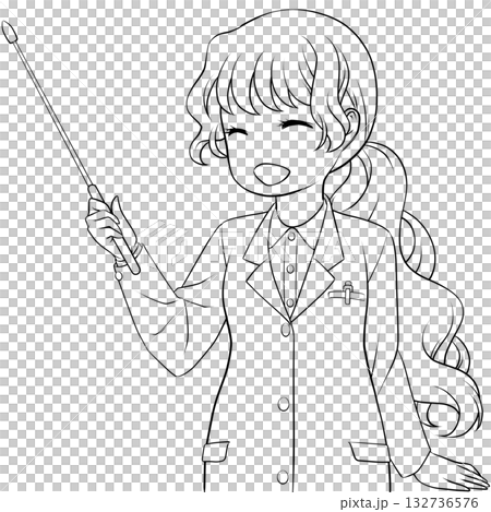 指し棒を持った笑顔の女性薬剤師。ポインターで説明する若い女性のモノクロ線画 指し棒を持った笑顔の女性薬剤師。ポインターで説明する若い女性のモノクロ線画 132736576