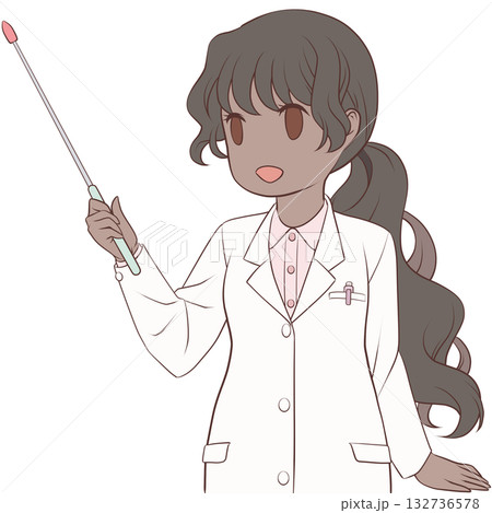 指し棒を持った笑顔の女性薬剤師。ポインターで説明する若い女性のクリップアート 132736578