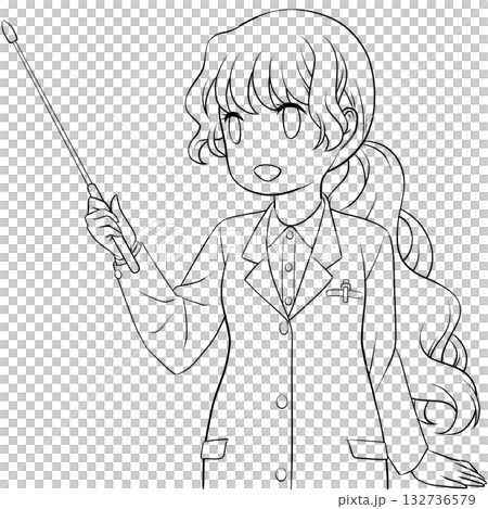 指し棒を持った笑顔の女性薬剤師。ポインターで説明する若い女性のモノクロ線画 指し棒を持った笑顔の女性薬剤師。ポインターで説明する若い女性のモノクロ線画 132736579