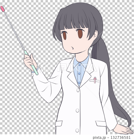 一位可愛的女藥劑師拿著指示棒。年輕女性用指示棒講解的剪貼畫。 一位可愛的女藥劑師拿著指示棒。年輕女性用指示棒講解的剪貼畫。 132736581