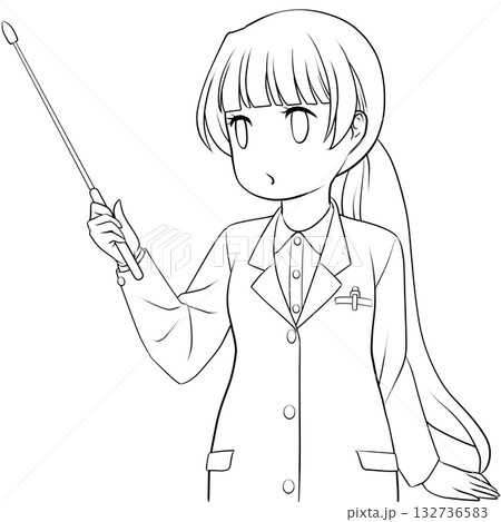 指し棒を持った可愛い女性薬剤師。ポインターで説明する若い女性のモノクロ線画 132736583