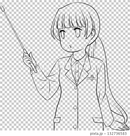 指し棒を持った可愛い女性薬剤師。ポインターで説明する若い女性のモノクロ線画 132736583