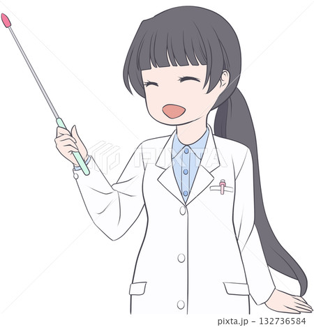 指し棒を持った笑顔の女性薬剤師。ポインターで説明する若い女性のクリップアート 132736584