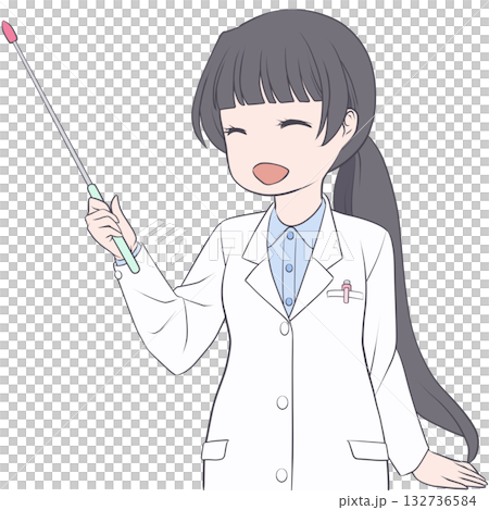 一位面帶微笑的女藥劑師手持指示棒。年輕女性用指示棒講解的剪貼畫。 132736584