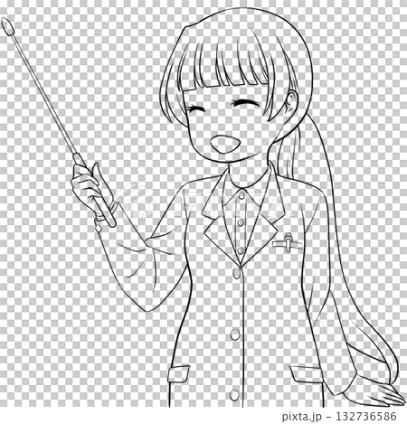 一位面帶微笑的女藥劑師手持指示棒。一幅黑白線條畫,描繪了一位年輕女子用指示棒進行講解的場景。 一位面帶微笑的女藥劑師手持指示棒。一幅黑白線條畫,描繪了一位年輕女子用指示棒進行講解的場景。 132736586