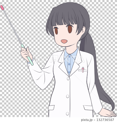 指し棒を持った笑顔の女性薬剤師。ポインターで説明する若い女性のクリップアート 132736587