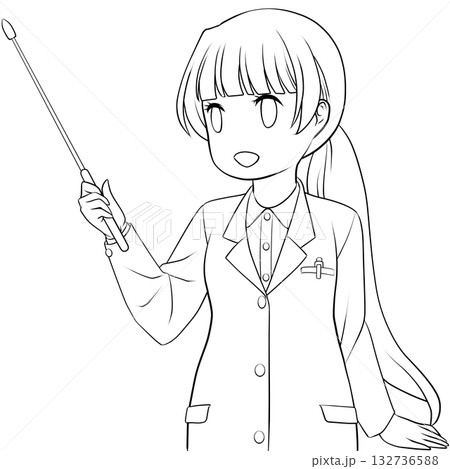 指し棒を持った笑顔の女性薬剤師。ポインターで説明する若い女性のモノクロ線画 132736588