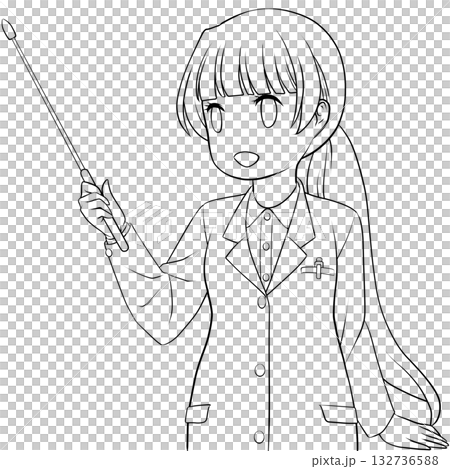 指し棒を持った笑顔の女性薬剤師。ポインターで説明する若い女性のモノクロ線画 132736588