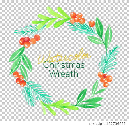 水彩で描いたおしゃれなクリスマスリースのイラスト 水彩で描いたおしゃれなクリスマスリースのイラスト 132736631