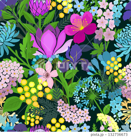 Blooming Meadow Boho dark Seamless Pattern. Ditsy Print. Wildflowers Vintage Background. Simple Different Small Flowers. Millefleurs Liberty Style Floral Design For Fabric, Paper, Surface Design. 132736673