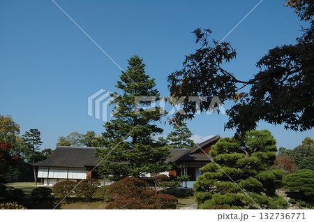 Old garden 秋晴れの晴天の日に木々の紅葉が色付き始めた広大な回遊式の日本庭園を散歩する風景 132736771