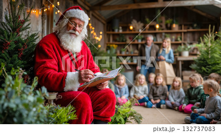 A man dressed as Santa Claus sitting in front of a group of children 132737083