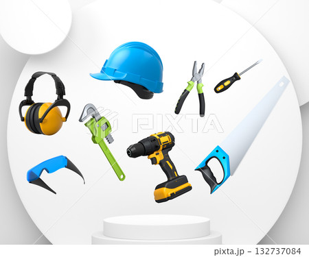 Construction tools and safety equipment floating over podium on abstract background, industrial work and protection concept 132737084