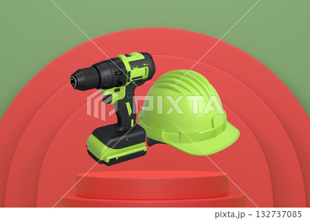 Cordless drill and safety helmet floating above podium, on abstract white background, construction concept 132737085