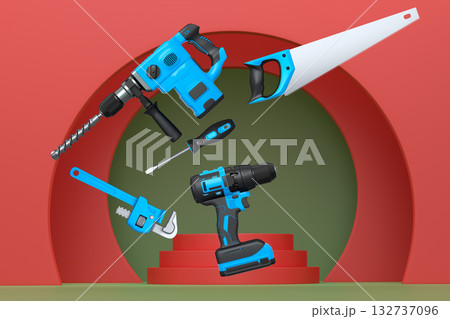 Construction tools and safety equipment floating over podium on abstract background, industrial work and protection concept 132737096