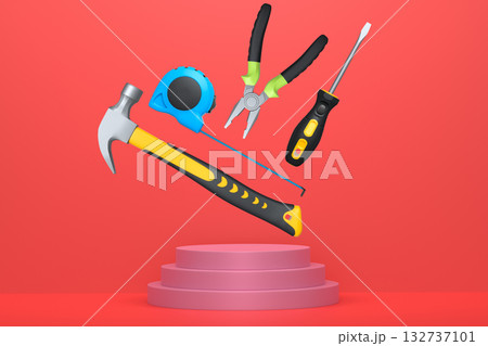 Construction tools and safety equipment floating over podium on abstract background, industrial work and protection concept 132737101