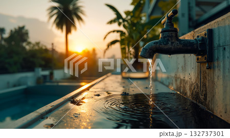 A faucet with water coming out of it next to a swimming pool 132737301