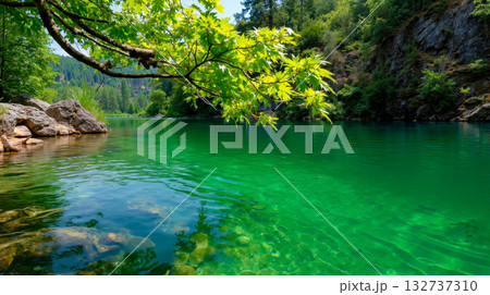 A body of water surrounded by rocks and trees A body of water surrounded by rocks and trees 132737310