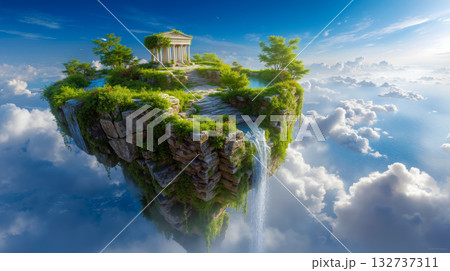 A small island in the middle of a body of water surrounded by clouds A small island in the middle of a body of water surrounded by clouds 132737311