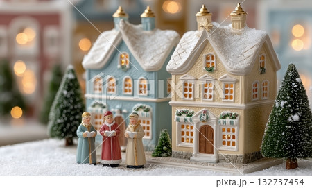 Festive Christmas village scene with carolers singing in the snow Festive Christmas village scene with carolers singing in the snow 132737454