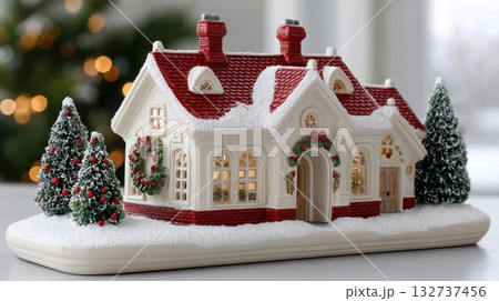 Detailed miniature ceramic Christmas village house adorned with snow red roof festive wreaths and surrounding evergreen trees creating a warm inviting winter scene 132737456