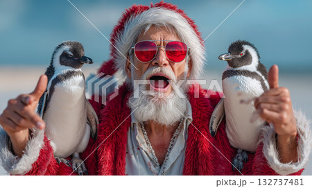 A man dressed as Santa Claus with two penguins on his shoulders A man dressed as Santa Claus with two penguins on his shoulders 132737481