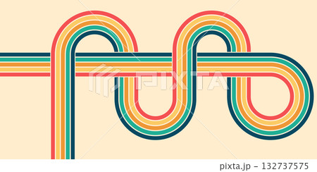 Abstract retro rainbow wave background with curvy lines and vivid stripes. 1970s hippie inspired vector pattern, groovy colorful design perfect for fabric or poster art. 132737575