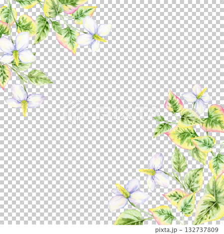 Cluster of watercolor clipart flowers with green and pink heart-shaped leaves forming a floral frame, hand drawn. Ideal for invitations, cards, labels, wall art, and packaging accents 132737809