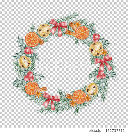 Natural wreath with citrus and pine elements, hand drawn watercolor clipart ideal for rustic winter branding, card making, wrapping paper, and digital scrapbooking Natural wreath with citrus and pine elements, hand drawn watercolor clipart ideal for rustic winter branding, card making, wrapping paper, and digital scrapbooking 132737811