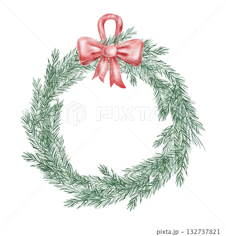 Pine wreath with red bow, hand drawn watercolor clipart great for Christmas labels, greeting cards, packaging design, and festive print-on-demand merchandise Pine wreath with red bow, hand drawn watercolor clipart great for Christmas labels, greeting cards, packaging design, and festive print-on-demand merchandise 132737821